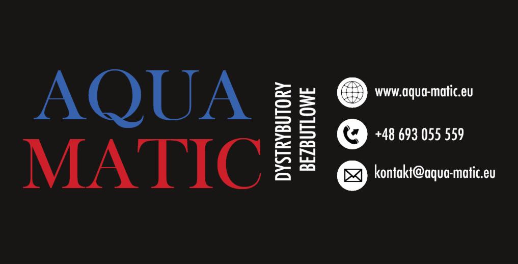 Logo firmy Aqua-Matic z niebiesko-czerwonym napisem, pionowym tekstem 'Dystrybutorzy Bezbutlowe' i danymi kontaktowymi: strona www, numer telefonu i adres e-mail na czarnym tle.