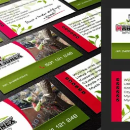 Wizytówki firmy Marborex serwis drzewny, prezentujące usługi wycinki, pielęgnacji drzew, koszenia trawy, czyszczenia działek oraz mycia i malowania budynków.