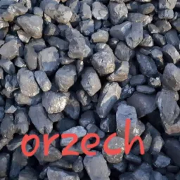 Kupa węgla typu orzech o nieregularnych kształtach, z widocznymi refleksami światła na powierzchni bryłek.