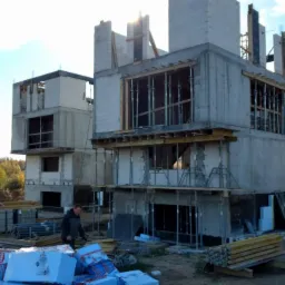 Surowy stan dwukondygnacyjnego domu z betonu komórkowego w trakcie budowy, widoczne podpory szalunkowe i materiały izolacyjne, w tle drugi budynek w podobnym stanie.