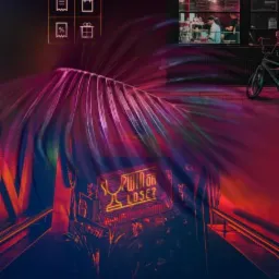 Grafika z neonowymi ikonami sklepu internetowego, koszyka, rachunku, prezentu, siłowni, koszykówki, pucharu, muzyki, biblioteki, książki, aparatu, filmu i chemii na tle nocnego miasta z neonami...