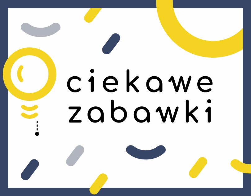 Grafika z nazwą 'ciekawe zabawki' w nowoczesnym stylu, z elementami graficznymi w kolorach żółtym, szarym i granatowym, prezentowana przez firmę z Poznania.