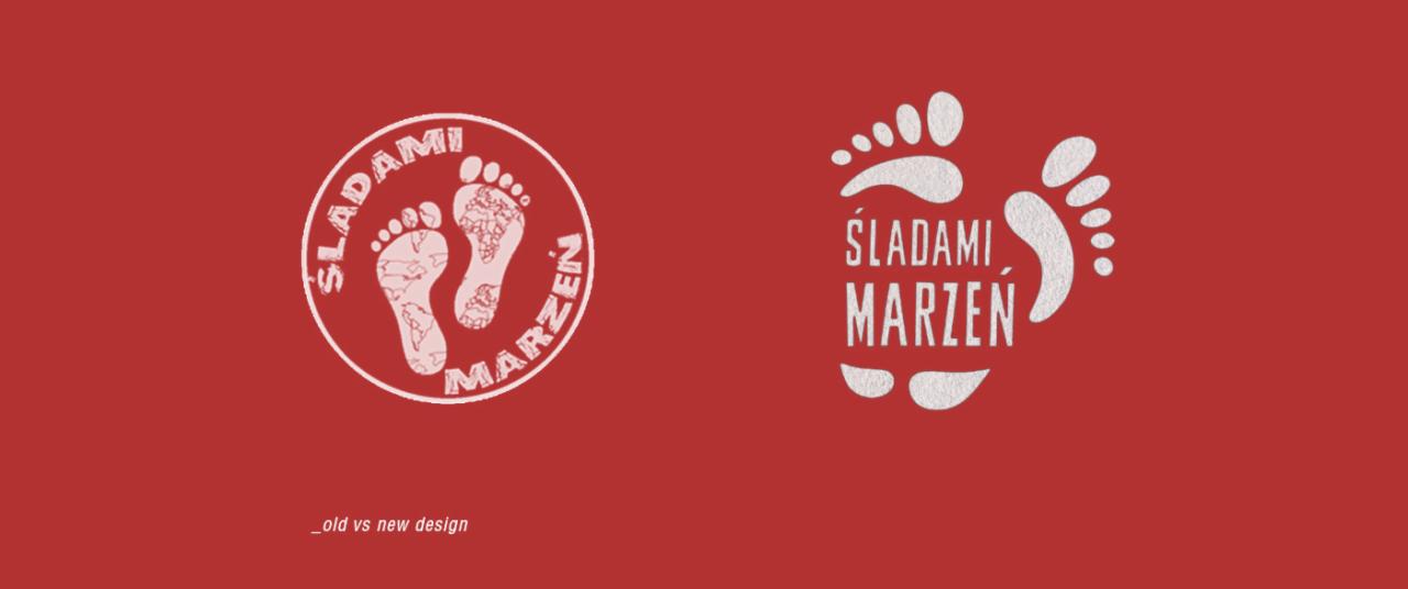 Porównanie dwóch wersji logo festiwalu podróżniczego Śladami Marzeń: okrągłe logo z odciskami stóp zawierającymi mapę świata oraz logo oparte na kształcie stopy i kropek.