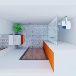 Wizualizacja łazienki z drewnianą podłogą, pomarańczowymi akcentami i mozaiką na ścianach, widziana z góry.