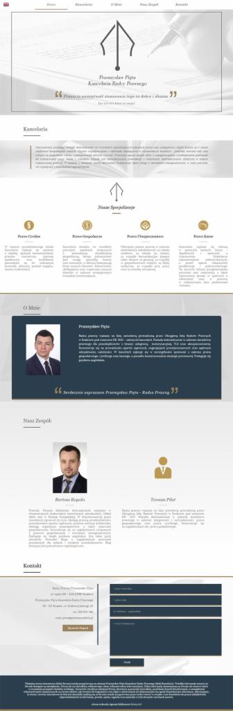 Projekt strony internetowej kancelarii prawnej z minimalistycznym logo przedstawiającym pióro, sekcje z informacjami o zespole i specjalizacjach, oraz formularzem kontaktowym.