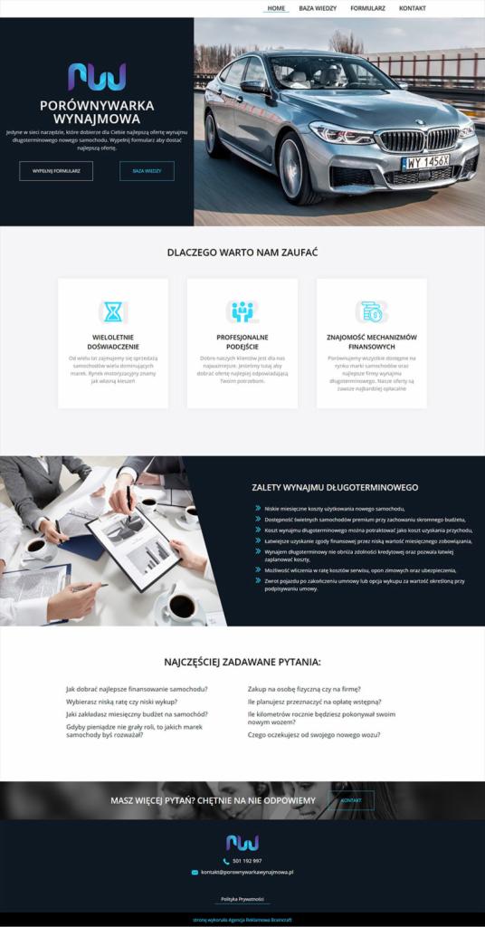 Projekt strony internetowej porównywarki wynajmu długoterminowego samochodów z widocznym nowoczesnym autem, sekcjami o zaletach, pytaniach i formularzem kontaktowym.