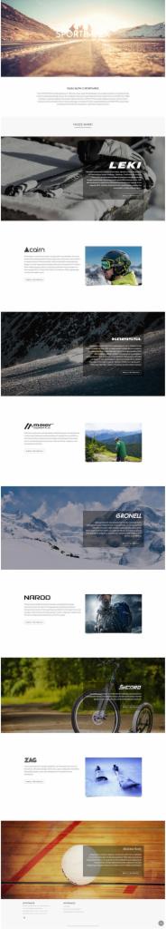 Długi zrzut ekranu przedstawia projekt responsywnej strony internetowej z różnymi sekcjami poświęconymi sprzętowi sportowemu, w tym narty, kaski, rowery i inne akcesoria, z wykorzystaniem...