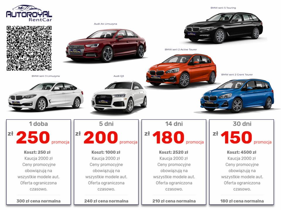 Zestawienie wizualizacji różnych modeli samochodów osobowych marek Audi i BMW z cennikiem wynajmu na 1, 5, 14 i 30 dni, logo firmy i kod QR.