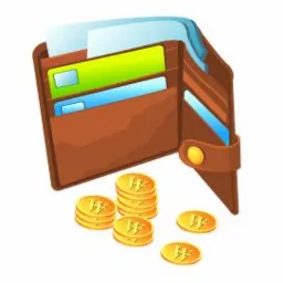 Otwarty, brązowy portfel z widocznymi kartami kredytowymi w odcieniach zieleni i błękitu, obok leżą stosy złotych monet z symbolem waluty.