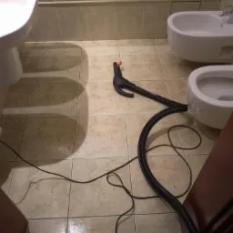 Wąż odkurzacza parowego leży na podłodze w łazience między toaletą a bidetem, przygotowany do czyszczenia fug.