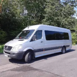 Srebrny minibus Mercedes-Benz Sprinter z przyciemnianymi szybami, zaparkowany na asfalcie z zielonym tłem drzew.