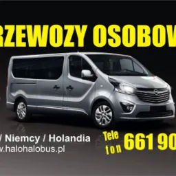 Srebrny bus Opel Vivaro z napisem 'Przewozy Osobowe', informacją o 4 kursach w tygodniu do Polski, Niemiec i Holandii oraz numerem telefonu i adresem strony internetowej.