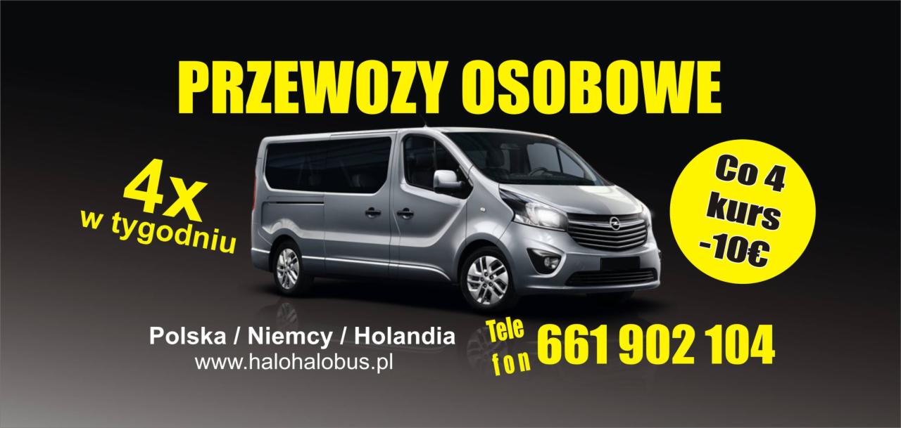 Srebrny bus Opel Vivaro z napisem 'Przewozy Osobowe', informacją o 4 kursach w tygodniu do Polski, Niemiec i Holandii oraz numerem telefonu i adresem strony internetowej.