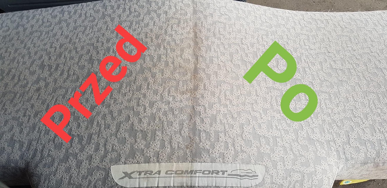 Tapicerka samochodowa z widoczną różnicą przed i po czyszczeniu, z napisem 'XTRA COMFORT' na dolnej krawędzi.