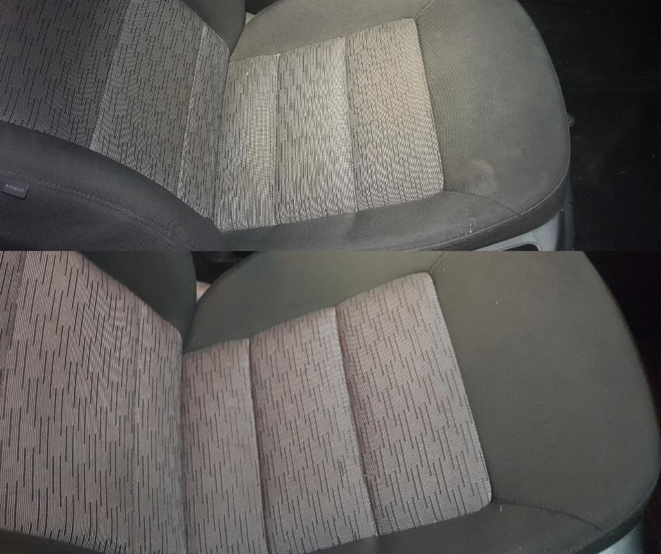Porównanie fotela samochodowego przed i po czyszczeniu, widoczne różnice w odcieniu i usunięte zabrudzenia na tapicerce.