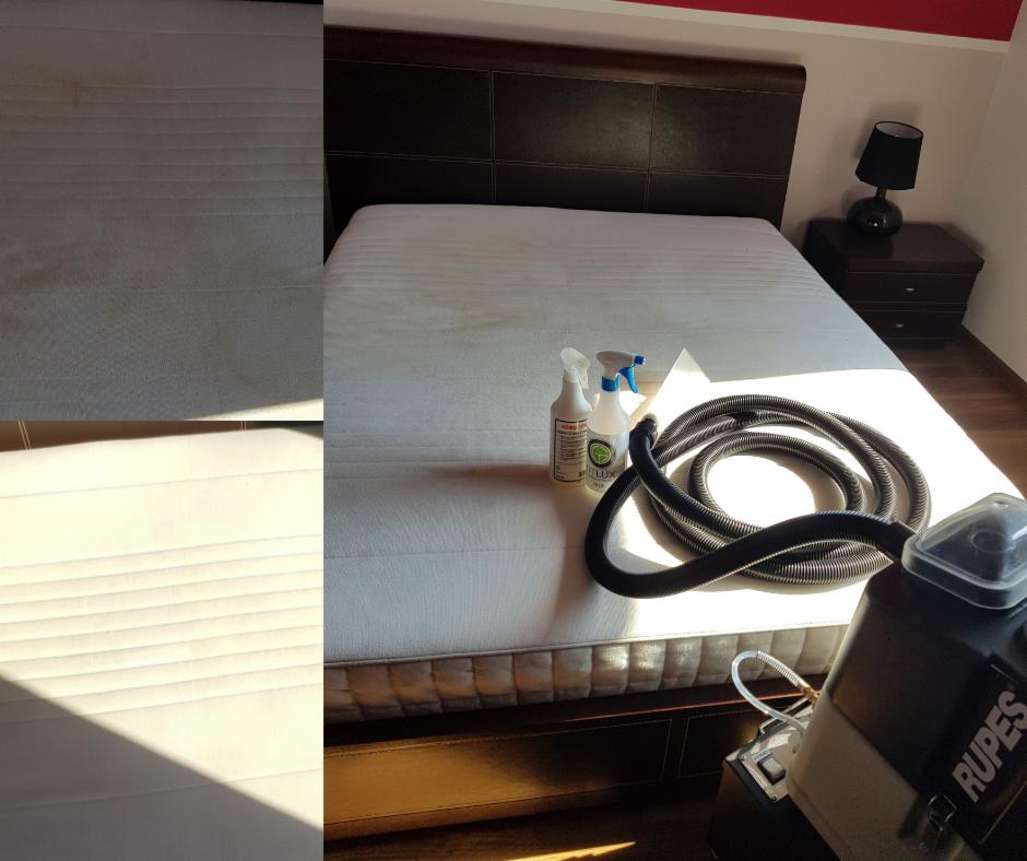 Czyszczenie materaca na łóżku. Po lewej stronie widoczny fragment materaca przed czyszczeniem, po prawej stronie materac z odkurzaczem piorącym marki Rupes, środkami czyszczącymi w spryskiwaczach...