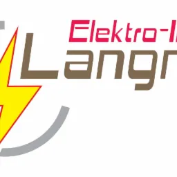 Logo firmy Elektro-Instal Langner z symbolem błyskawicy w szarym okręgu. Napis Elektro-Instal w kolorze czerwonym, a Langner w kolorze brązowym.