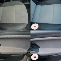 Tapicerka samochodowa: porównanie stanu przed i po czyszczeniu. Widoczne różnice w odcieniu i czystości na siedzeniu oraz boczku drzwi.