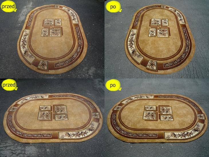 Ovalny dywan z geometrycznym wzorem, widok przed i po czyszczeniu, wykonany w Polanicy-Zdroju, z widoczną różnicą w odcieniu i czystości.