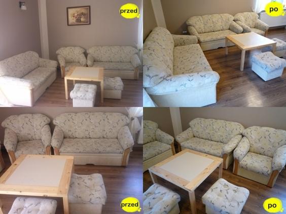 Kolaż 'przed i po' przedstawiający zestaw wypoczynkowy (sofa, fotele, pufy i stolik kawowy) z tapicerką w jasne, roślinne wzory. Widoczne różnice w czystości tapicerki między stanem początkowym...