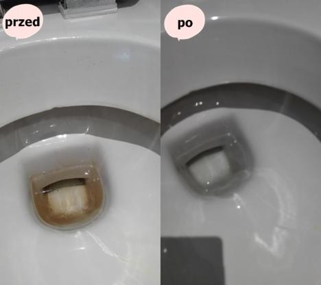 Zdjęcie toalety przed i po czyszczeniu: po lewej stronie widoczny osad i zabrudzenia, po prawej czysta, błyszcząca powierzchnia.