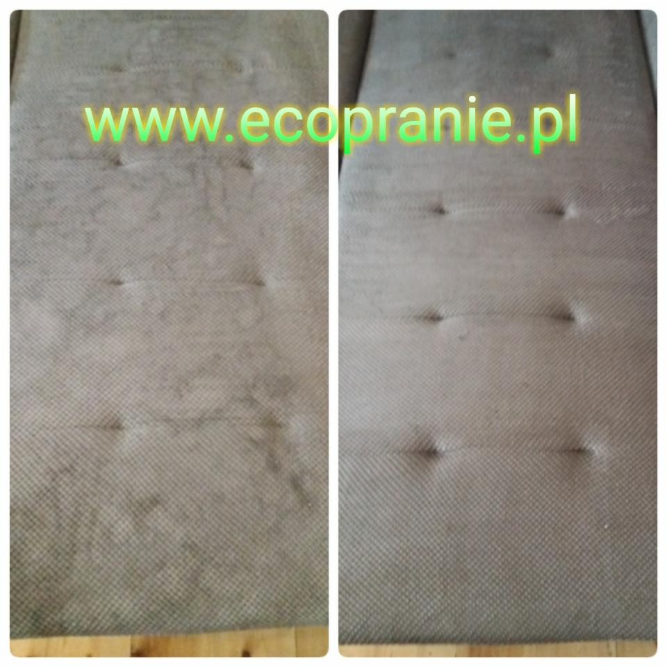 Porównanie stanu tapicerowanego siedziska przed i po czyszczeniu, widoczne znaczne usunięcie zabrudzeń, z naniesionym adresem strony internetowej.