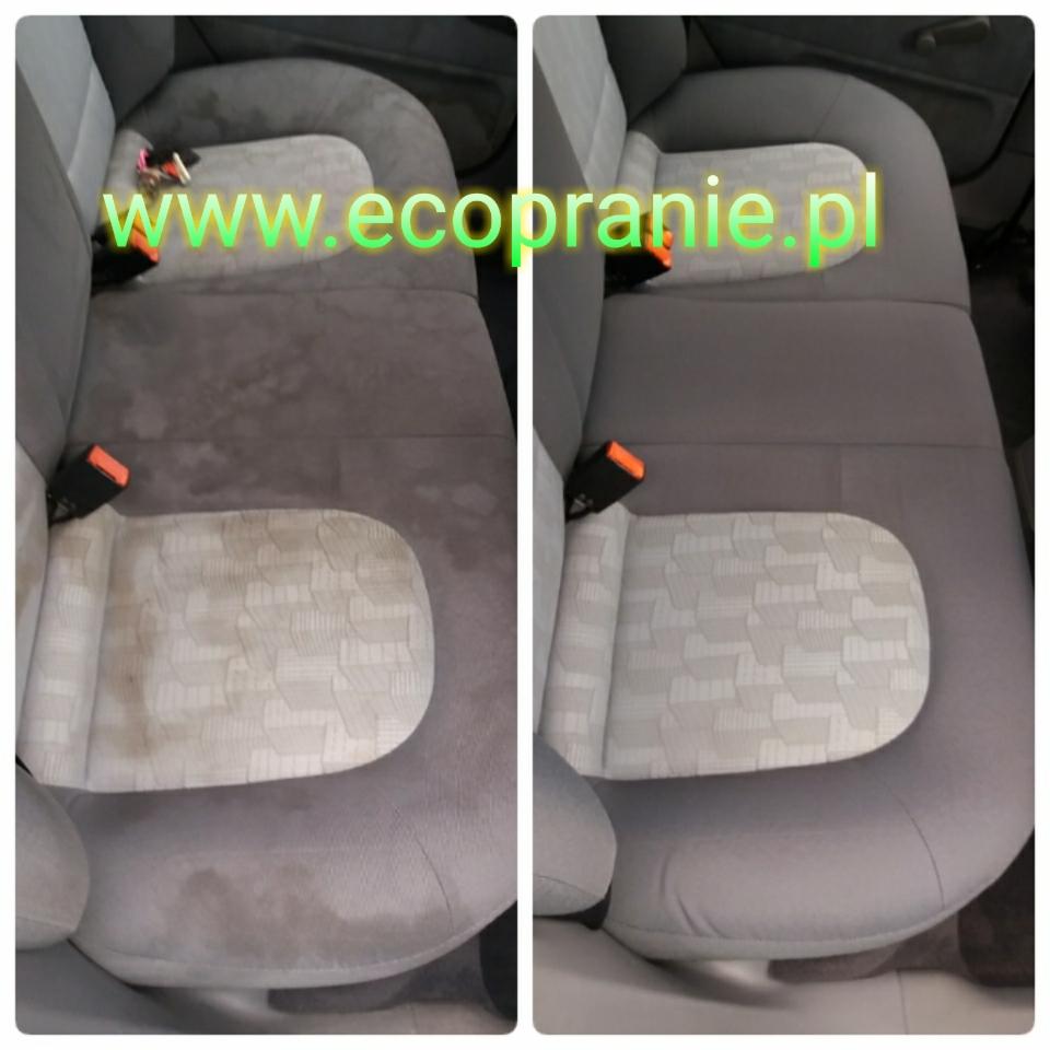 Porównanie tylnej kanapy samochodowej przed i po czyszczeniu, widoczne różnice w kolorze i czystości tapicerki.