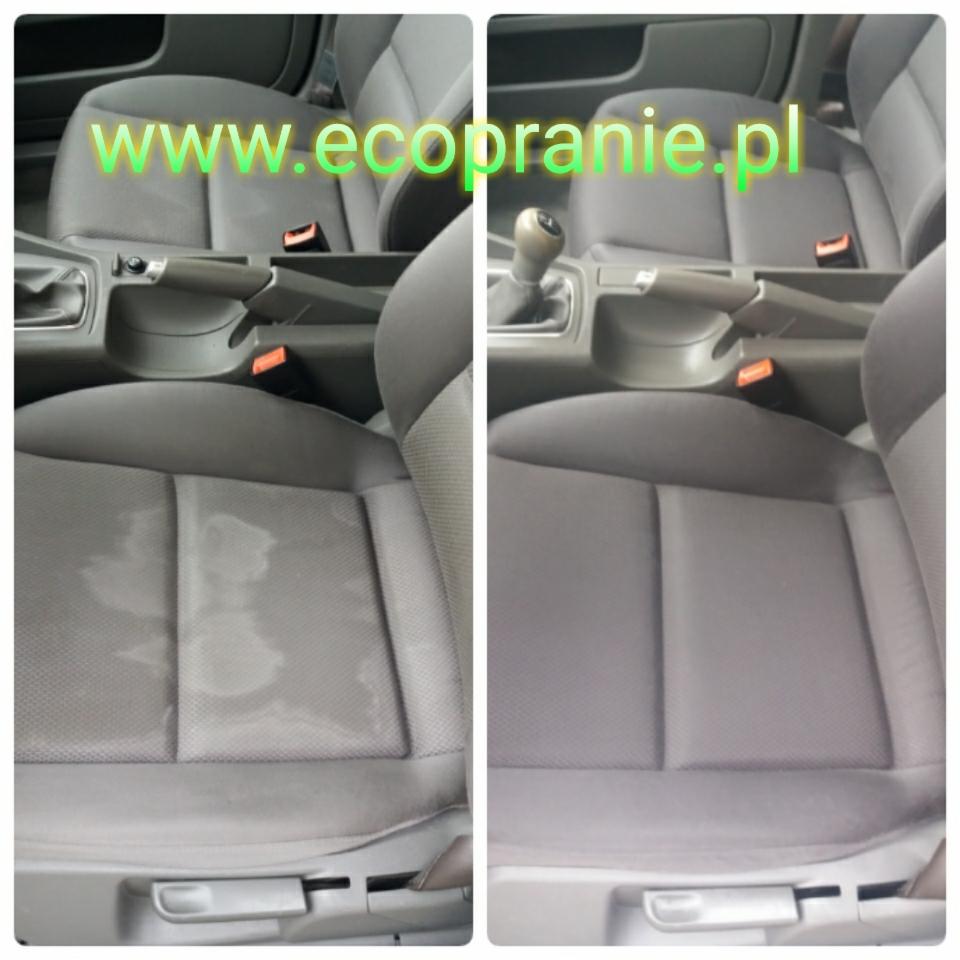 Porównanie fotela samochodowego przed i po czyszczeniu, widoczne plamy usunięte, tekst www.ecopranie.pl nałożony na zdjęciu.