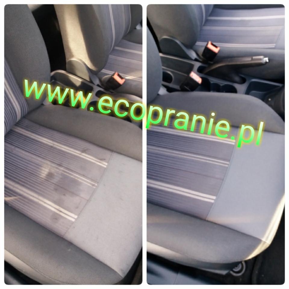 Porównanie foteli samochodowych: po lewej stronie widoczne zabrudzenia, po prawej efekt czyszczenia, szara tapicerka w paski.