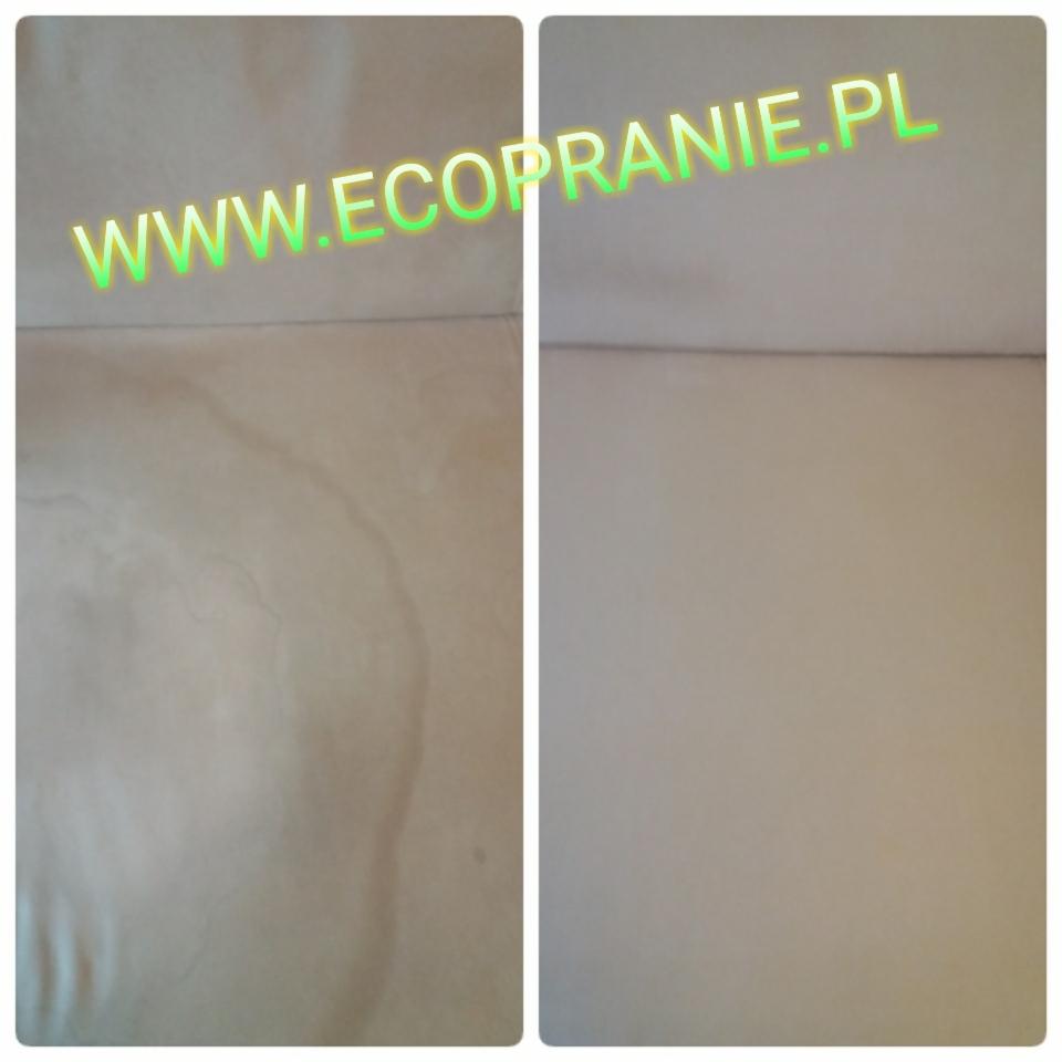 Porównanie fragmentu tapicerki meblowej przed i po praniu, widoczna plama na lewym zdjęciu, prawe zdjęcie czyste, nałożony adres strony internetowej ecopranie.pl.