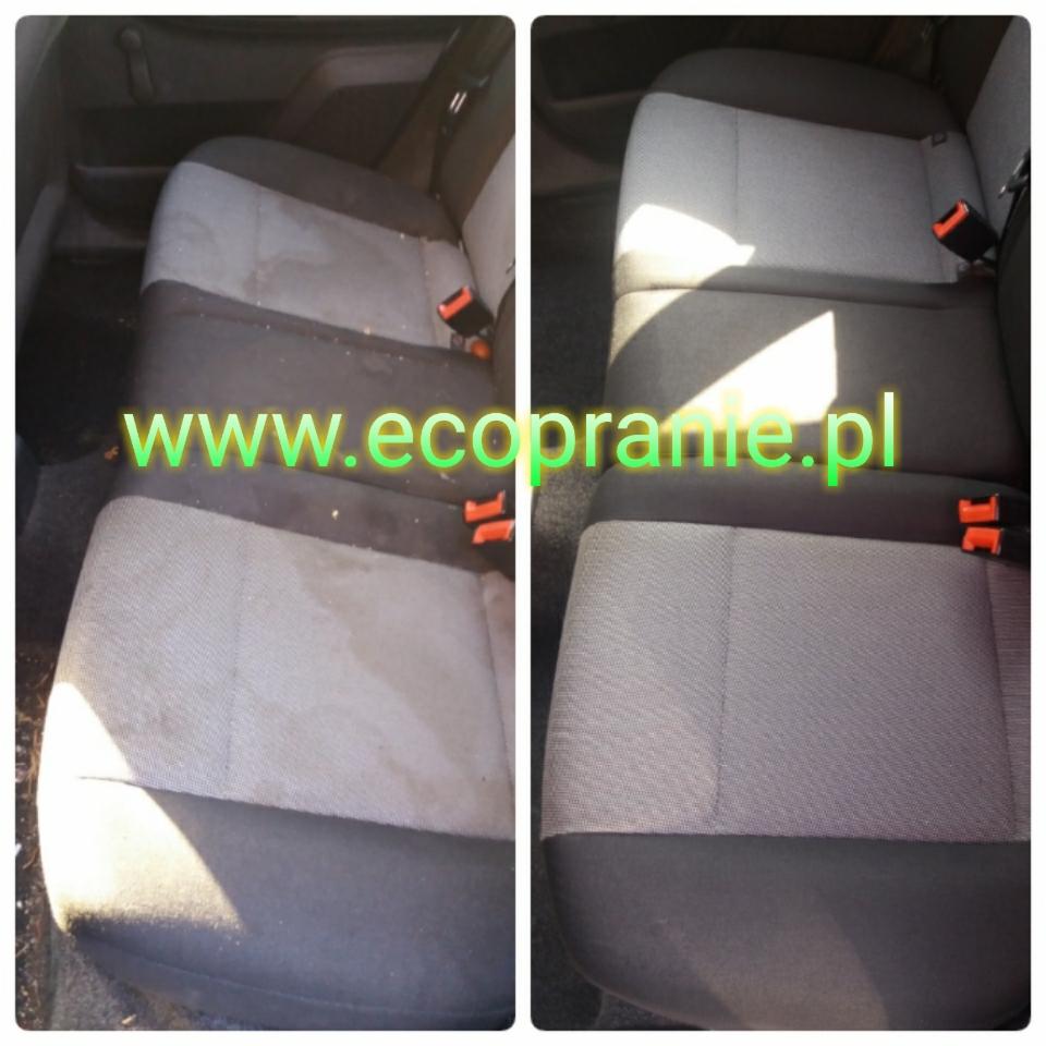 Porównanie tylnej kanapy samochodowej przed i po czyszczeniu, widoczne wyraźne różnice w czystości tapicerki.