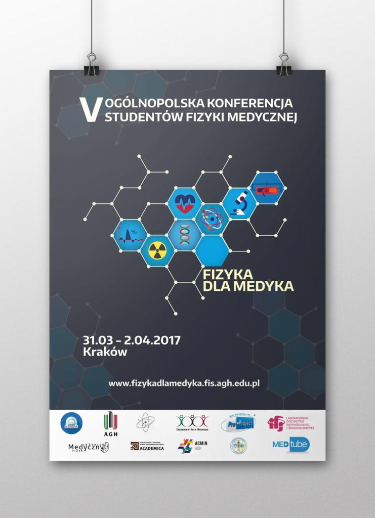 Plakat konferencji studenckiej z fizyki medycznej, z motywem heksagonów i symboli naukowych, wiszący na dwóch klipsach.