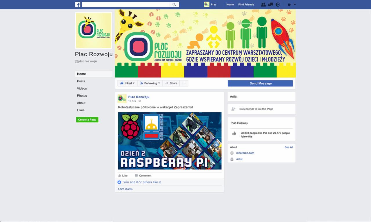 Profil na Facebooku placówki edukacyjnej Plac Rozwoju, z logo żyrafy i informacją o półkoloniach robotycznych Raspberry Pi.