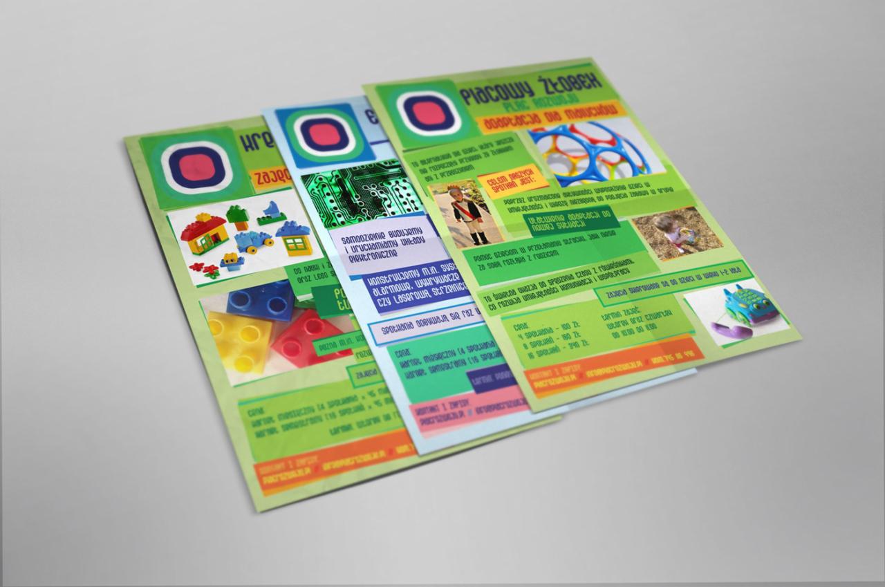 Ulotki reklamowe żłobka z kolorowymi ilustracjami zabawek, układów elektronicznych i dziecięcych aktywności, ułożone warstwowo na jasnym tle.