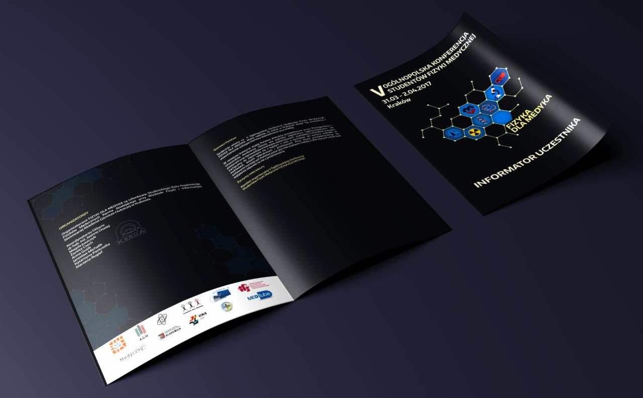 Otwarty informator konferencji studenckiej Fizyki Medycznej na czarnym tle, widoczny logotyp i spis organizatorów.
