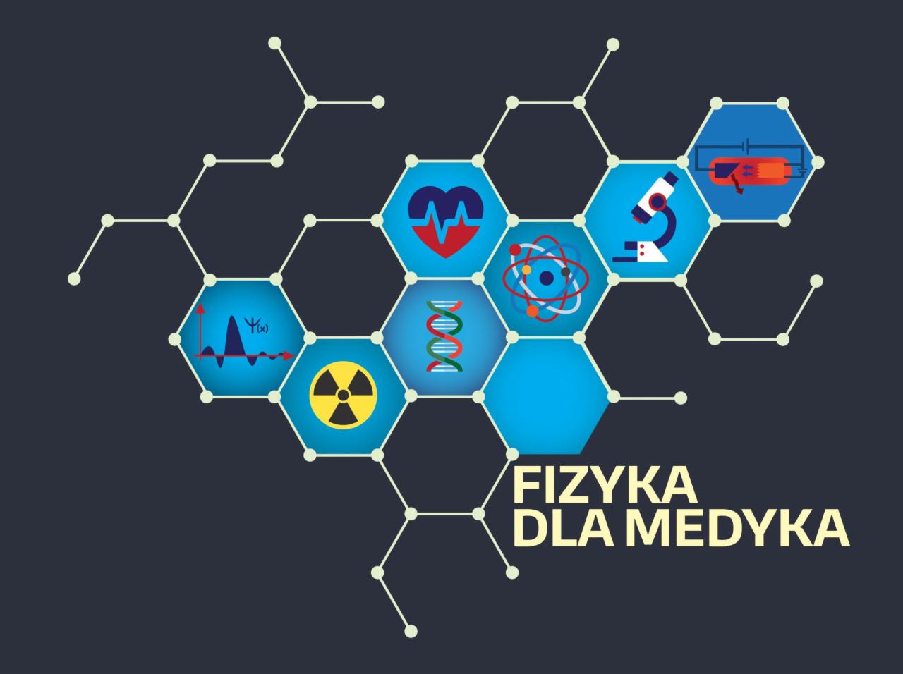 Grafika przedstawiająca abstrakcyjne symbole związane z fizyką i medycyną, w tym DNA, serce, atom, mikroskop, promieniowanie, wykres funkcji, połączone heksagonalną strukturą molekularną na ciemnym...