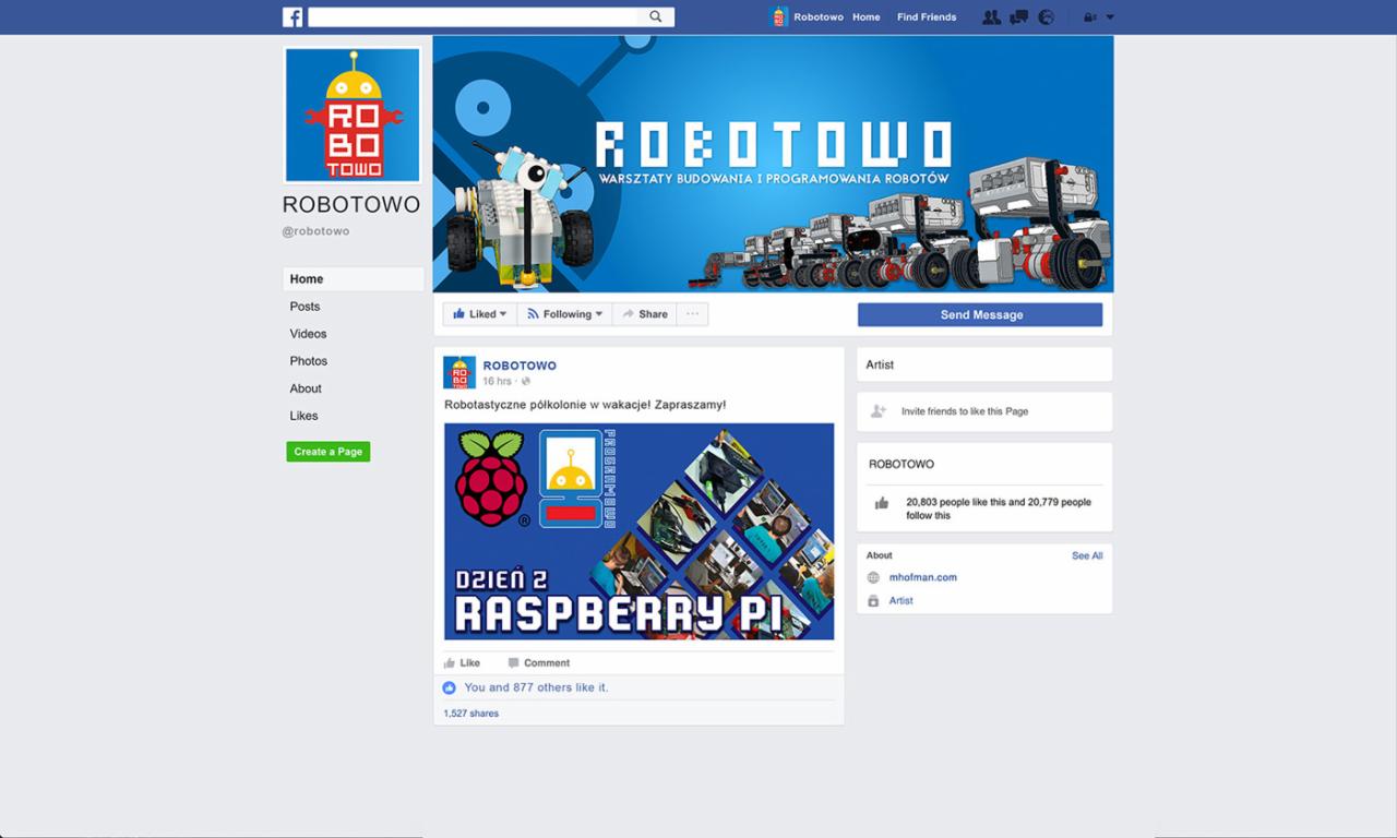 Zrzut ekranu strony na Facebooku firmy Robotowo, prezentujący logo firmy, baner z robotami zbudowanymi z klocków oraz post o półkoloniach robotycznych z grafiką Raspberry Pi.