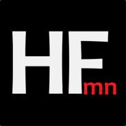 Białe litery 'HF' z małym czerwonym 'mn' w prawym dolnym rogu, umieszczone na czarnym kwadracie. Minimalistyczny design logo.