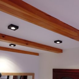 Filip Janowski - Drewniane belki stropowe z oświetleniem punktowym w mieszkaniu w Łodzi, widok z dołu.