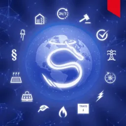 Grafika wektorowa przedstawiająca abstrakcyjny symbol w kształcie litery S otoczony ikonami związanymi z energią i budownictwem na tle mapy świata i sieci połączeń.