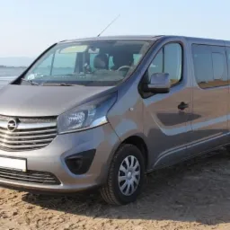 Szary Opel Vivaro na piaszczystej plaży z widokiem na morze w tle.