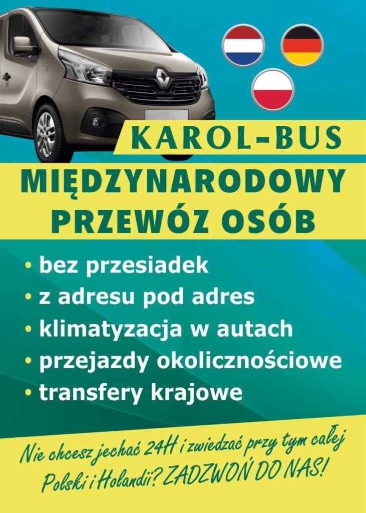 Reklama firmy Karol-Bus oferującej międzynarodowy przewóz osób, z wizerunkiem busa i flagami Polski, Niemiec i Holandii.