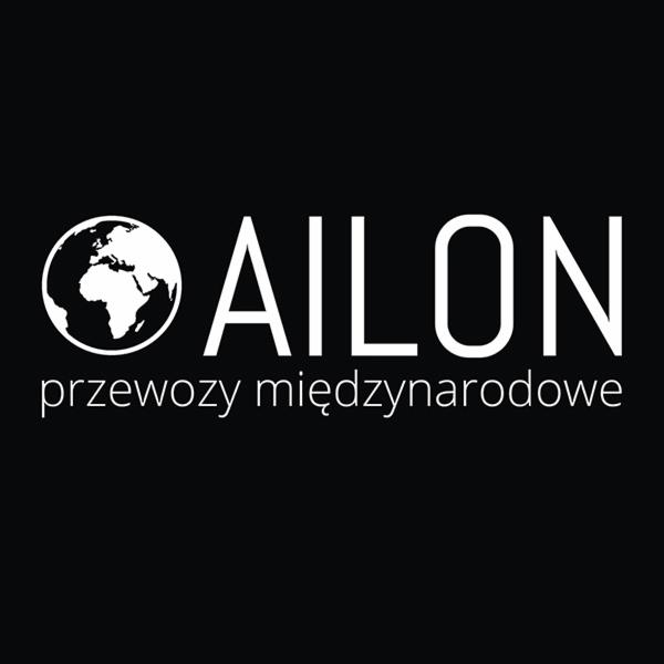 Logo firmy AILON z globusem i napisem 'przewozy międzynarodowe' na czarnym tle.