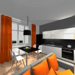 Wizualizacja nowoczesnej kuchni z pomarańczowymi akcentami: zasłony i poduszki na szarej sofie, czarny stół z owocami, białe krzesła, minimalistyczne białe szafki z czarnym blatem i sprzęt AGD.