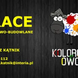 Ilustracja wektorowa przedstawiająca owcę w góralskim kapeluszu, której wełna pokryta jest plamami farb w kolorach tęczy, poniżej napis 'KOLOROWA OWCA' z literami wypełnionymi różnymi kolorami.