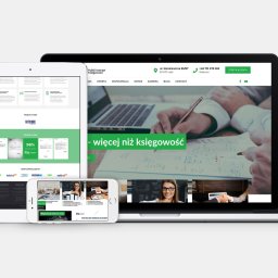 CZENZO - Responsywna strona internetowa firmy księgowej wyświetlona na laptopie, tablecie i smartfonie, prezentująca usługi i dane kontaktowe.