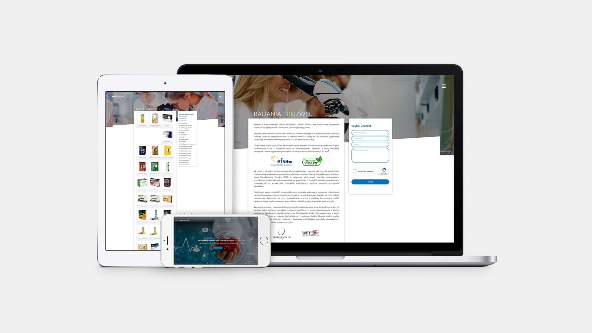 Responsywna strona internetowa firmy farmaceutycznej Xenico Pharma wyświetlana na laptopie, tablecie i smartfonie, prezentująca jej ofertę i informacje o badaniach i rozwoju.