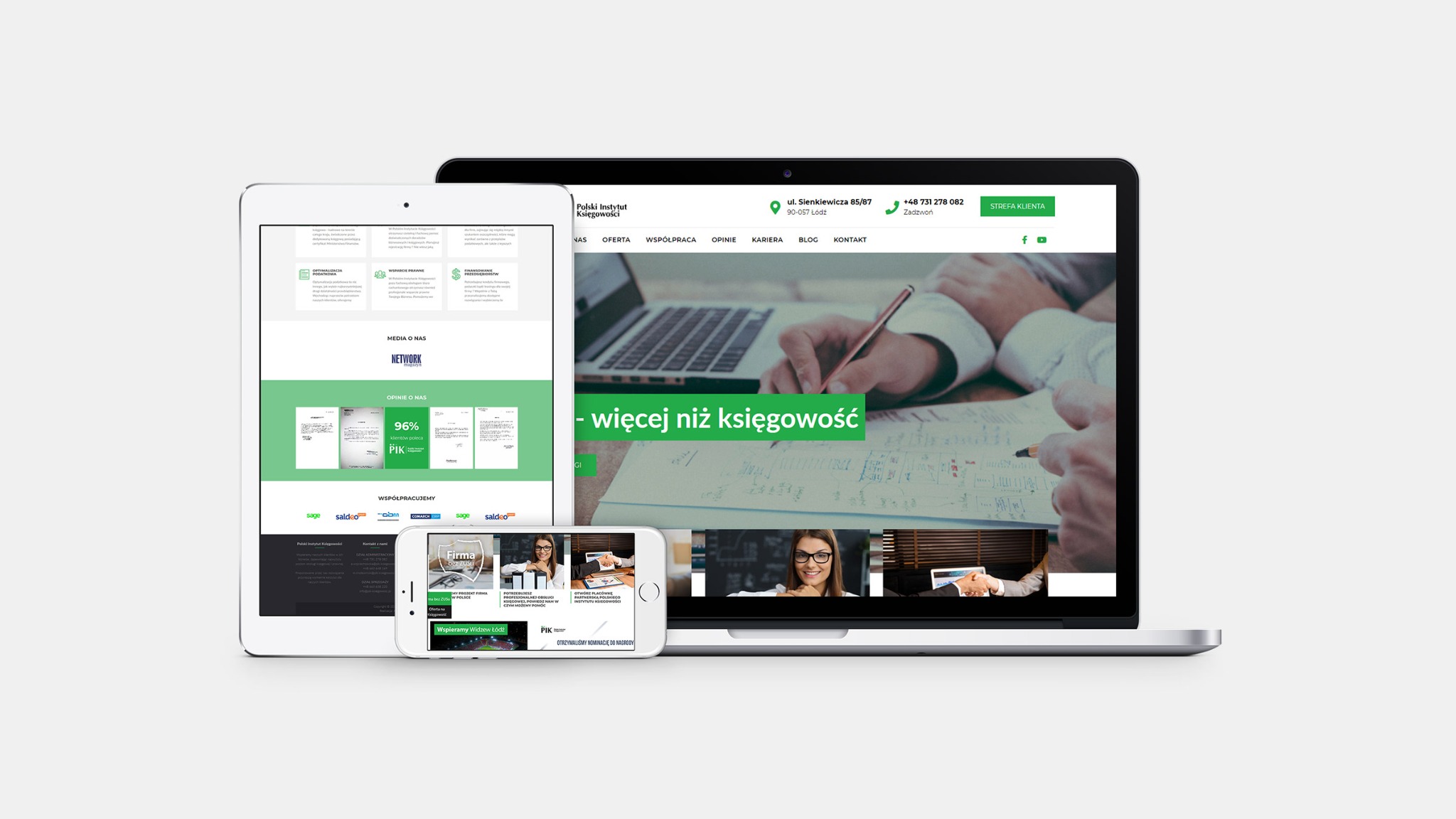 Responsywna strona internetowa firmy księgowej wyświetlona na laptopie, tablecie i smartfonie, prezentująca usługi i dane kontaktowe.