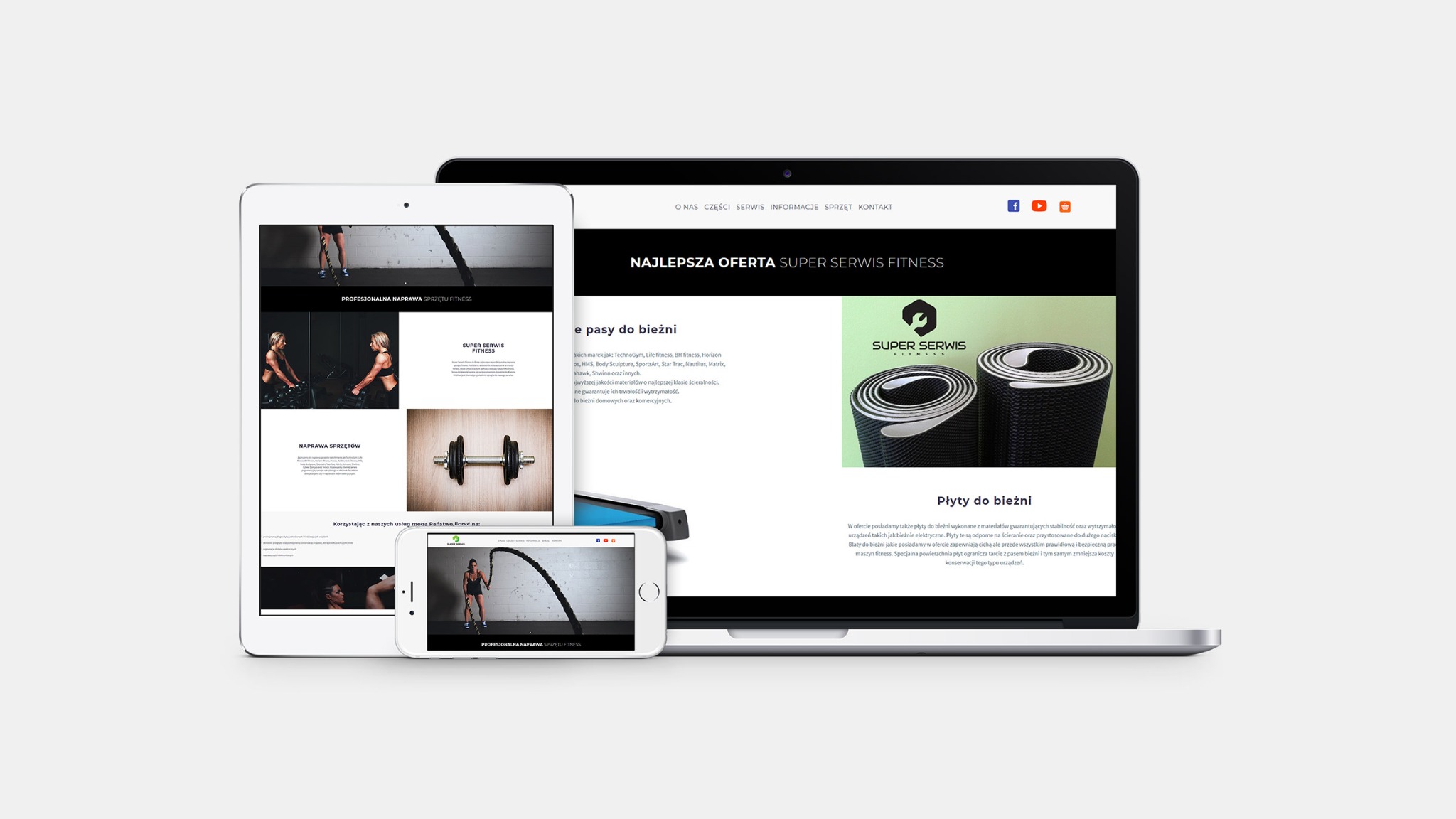 Responsywny układ strony internetowej serwisu naprawiającego sprzęt fitness, wyświetlany na laptopie, tablecie i smartfonie, prezentujący ofertę i zakres usług.