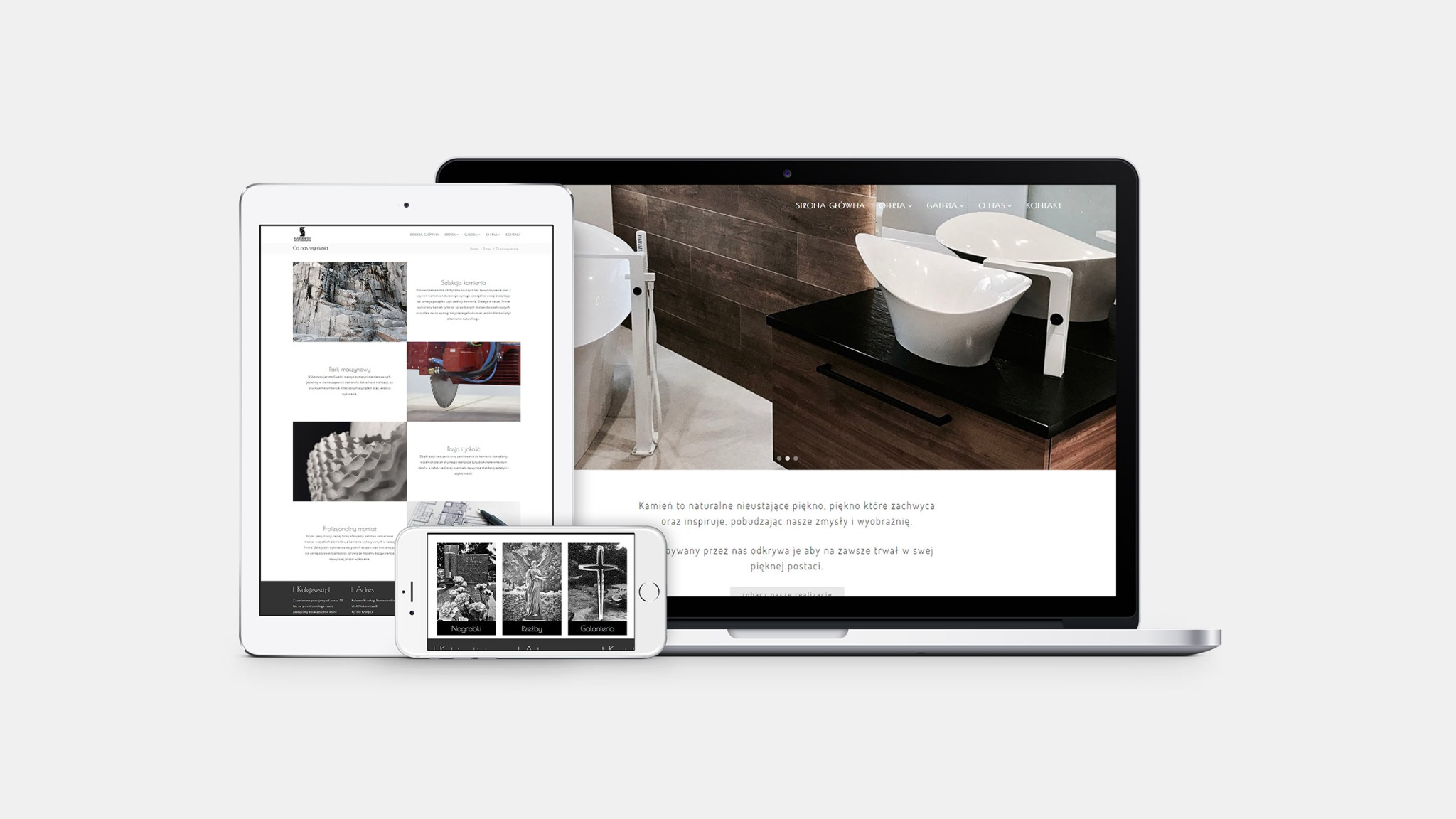 Prezentacja responsywnej strony internetowej na laptopie, tablecie i smartfonie, ukazująca spójny design i układ treści na różnych urządzeniach.